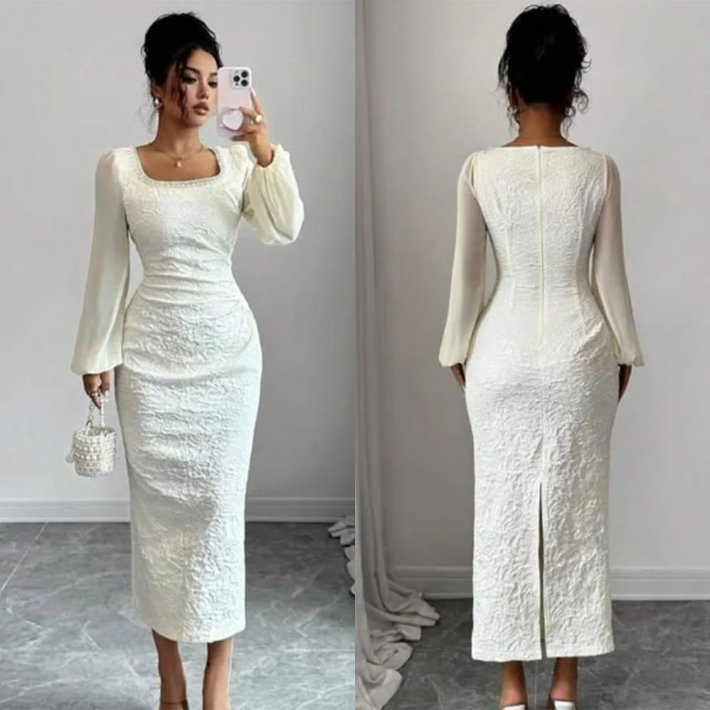 

High Quality Customized Ankle Length Square Collar Zipper Full Sleeves A-line Elegant Dress Women for Wedding Party فستان احمر