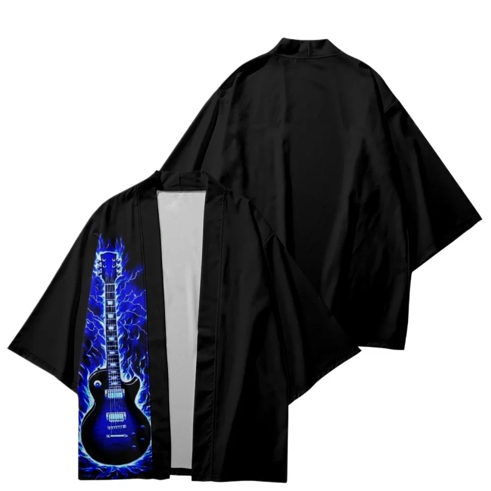 

Summer Samurai Kimono Cosplay Music Guitar Print Haori Japanese Fashion Men Streetwear Kimono Yukata Cardigan New Robe Hot Sale