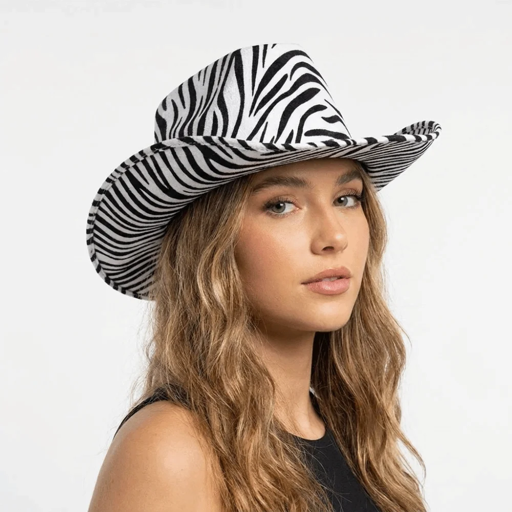 Cool Cow Printed Bowler Hat Leopard Printed Windproof Western Cowboy Hat Tiger Drawstring Cowgirl Hat Prom