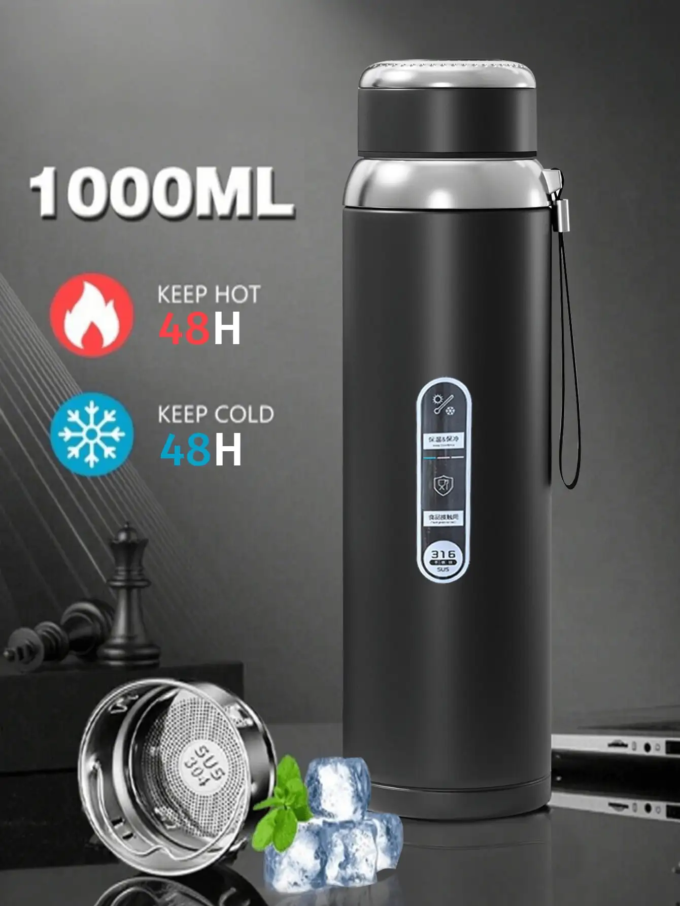 

33.81oz Stainless Steel Portable Insulated Cup, Large Capacity Tea Cup Water Bottle For Outdoor Camping Travel