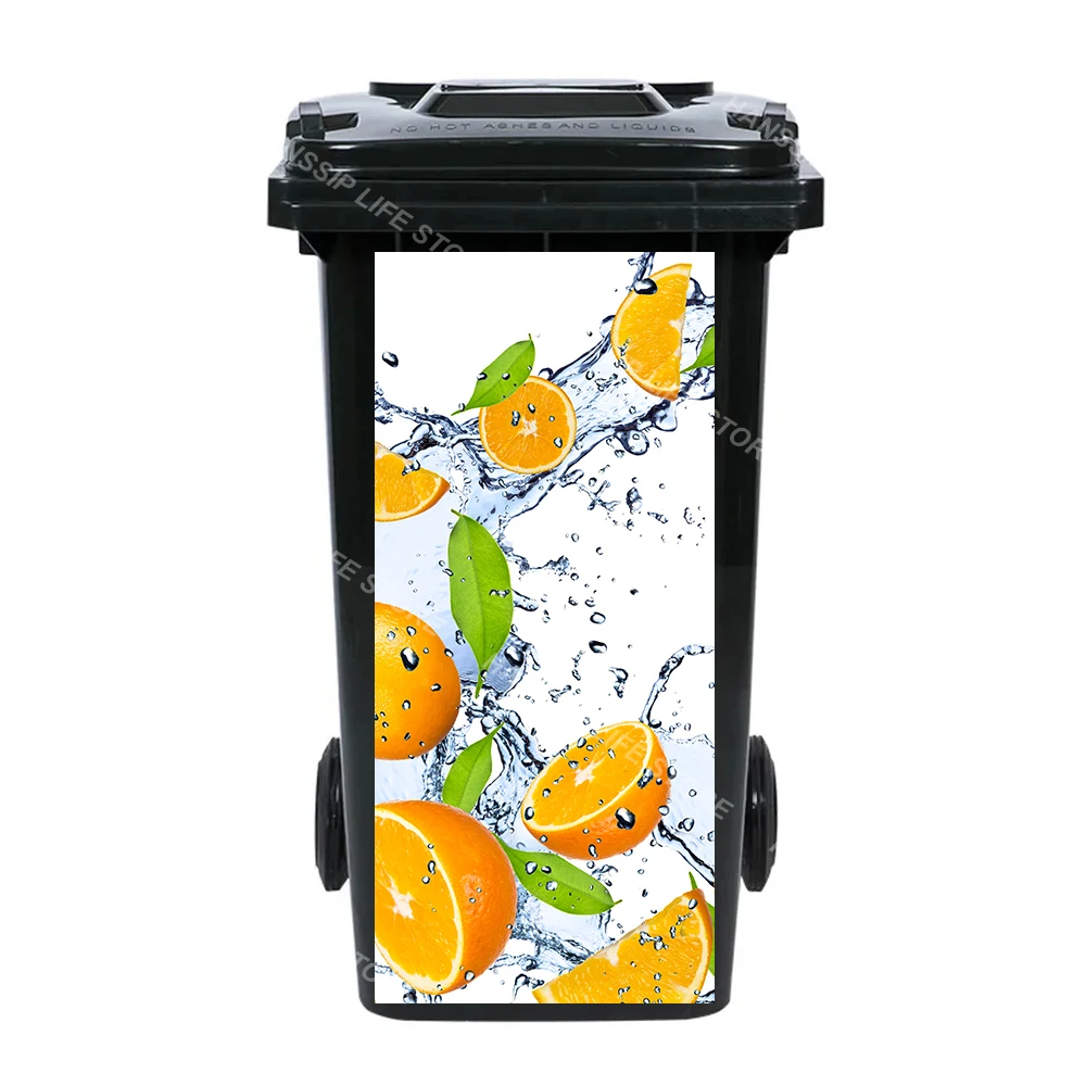 Fresh Fruit Falling in Water Trash Can Mural Sticker Peel and Stick Waterproof Orange Lemon Cut Fruits Outdoor Garbage Can Decal