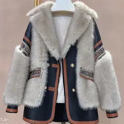 Veste en cuir à manches longues pour femmes, manteau en fausse fourrure, streetwear vintage, marque de luxe, vestes en fourrure épaissie, boutons, automne, hiver, nouveau