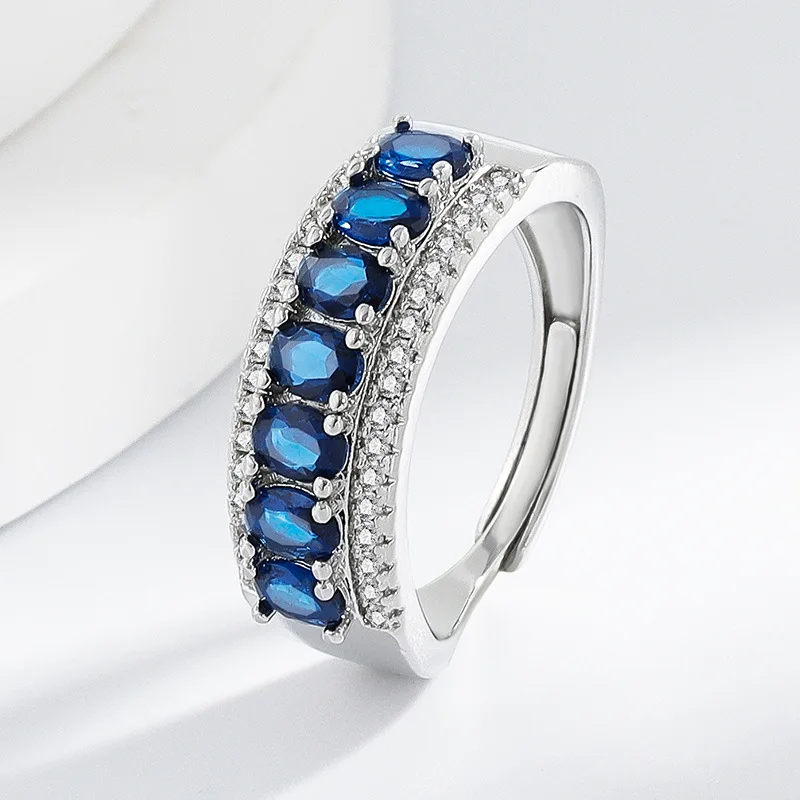 

Women's double-row zircon and blue spinel ring, with a sparkling zircon adjustable band, perfect as a girlfriend's gift.