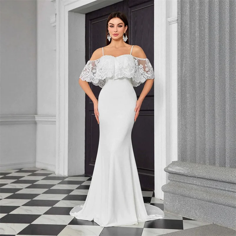 Mermaid Chiffon Lace Spaghetti Straps Bridesmaid Dresses Wedding Party Formal Evening Prom Floor Length Sweep Train Zipper Back