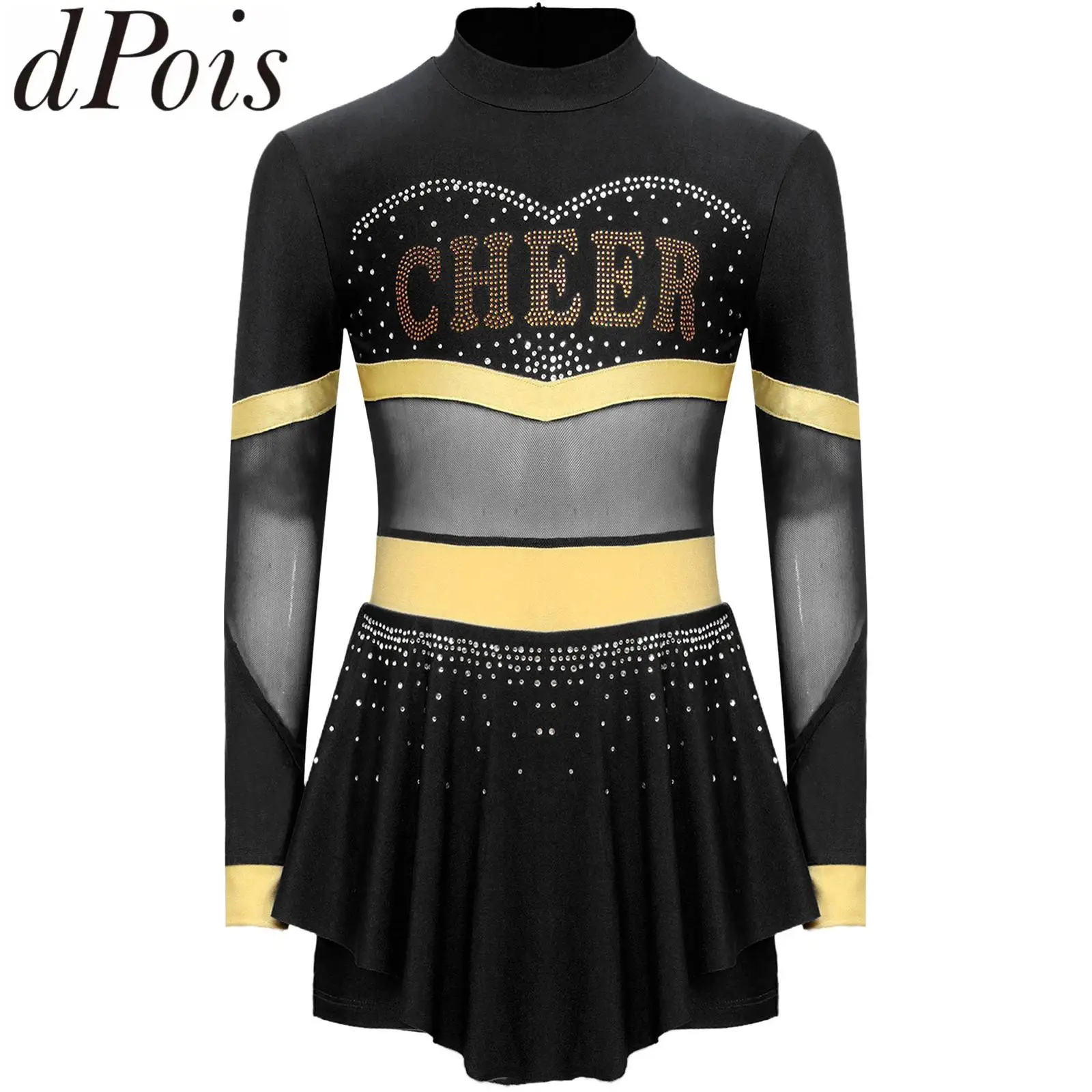Kind Mädchen Trikot Kleid Cheer Leader Kostüm Langarm Mesh Patchwork Body Tanz Cheerleading Gymnastic Moderne Dancewear