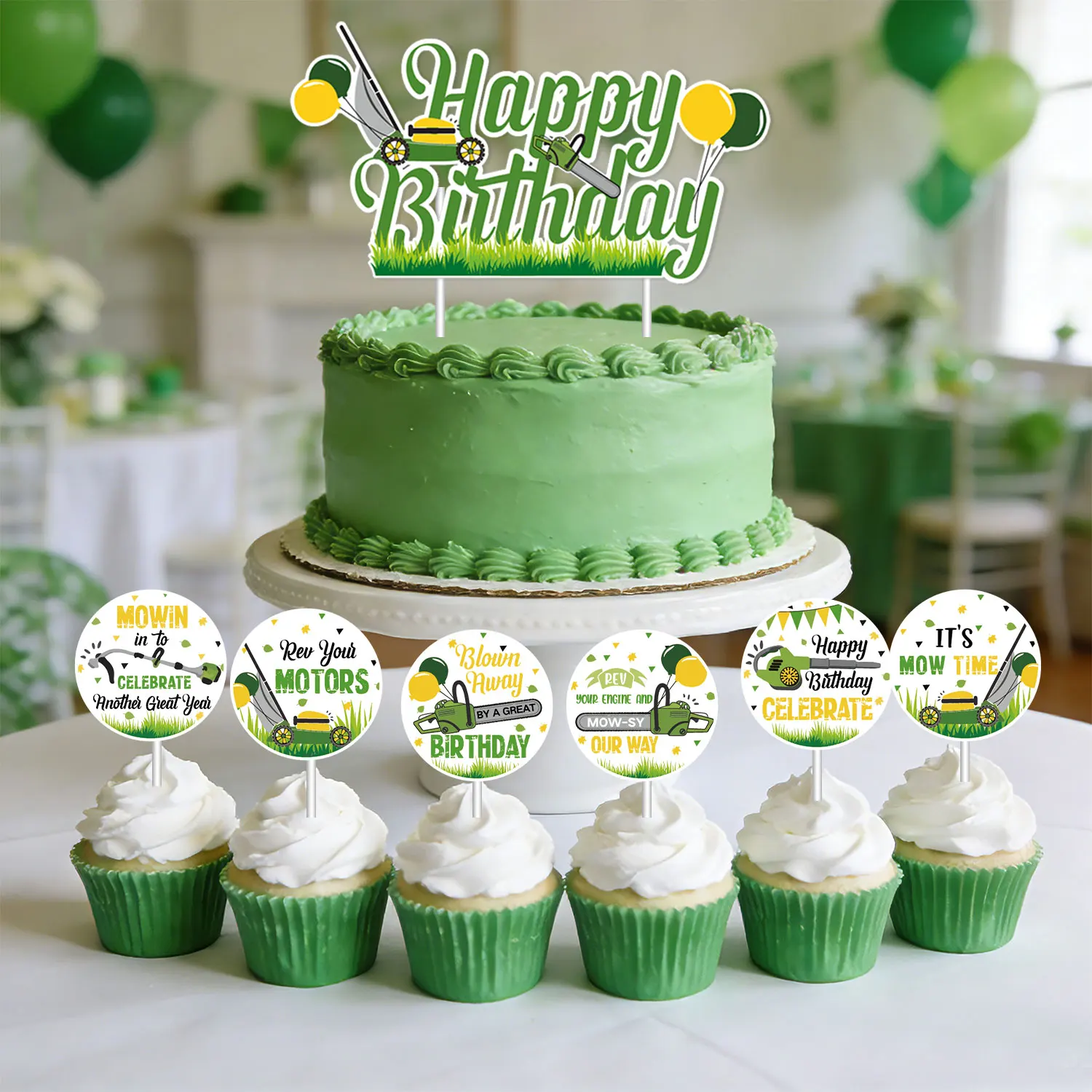 46Pcs Lawnmower Birthday Party Decoration Mower Background Happy Banner Green Tractor Cupcake Toppers for Boys Farm Themed Time