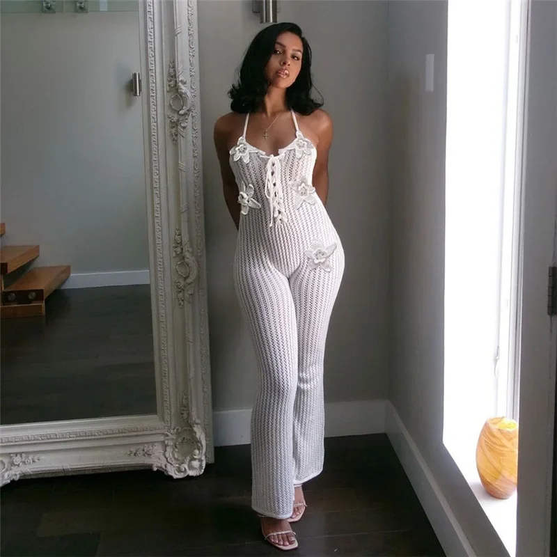 Leosoxs Tuta senza schienale con lacci con scollo all'americana lavorata a maglia da donna Pagliaccetti skinny senza maniche con applicazioni di fiori 2025 Abbigliamento da spiaggia per le vacanze estive