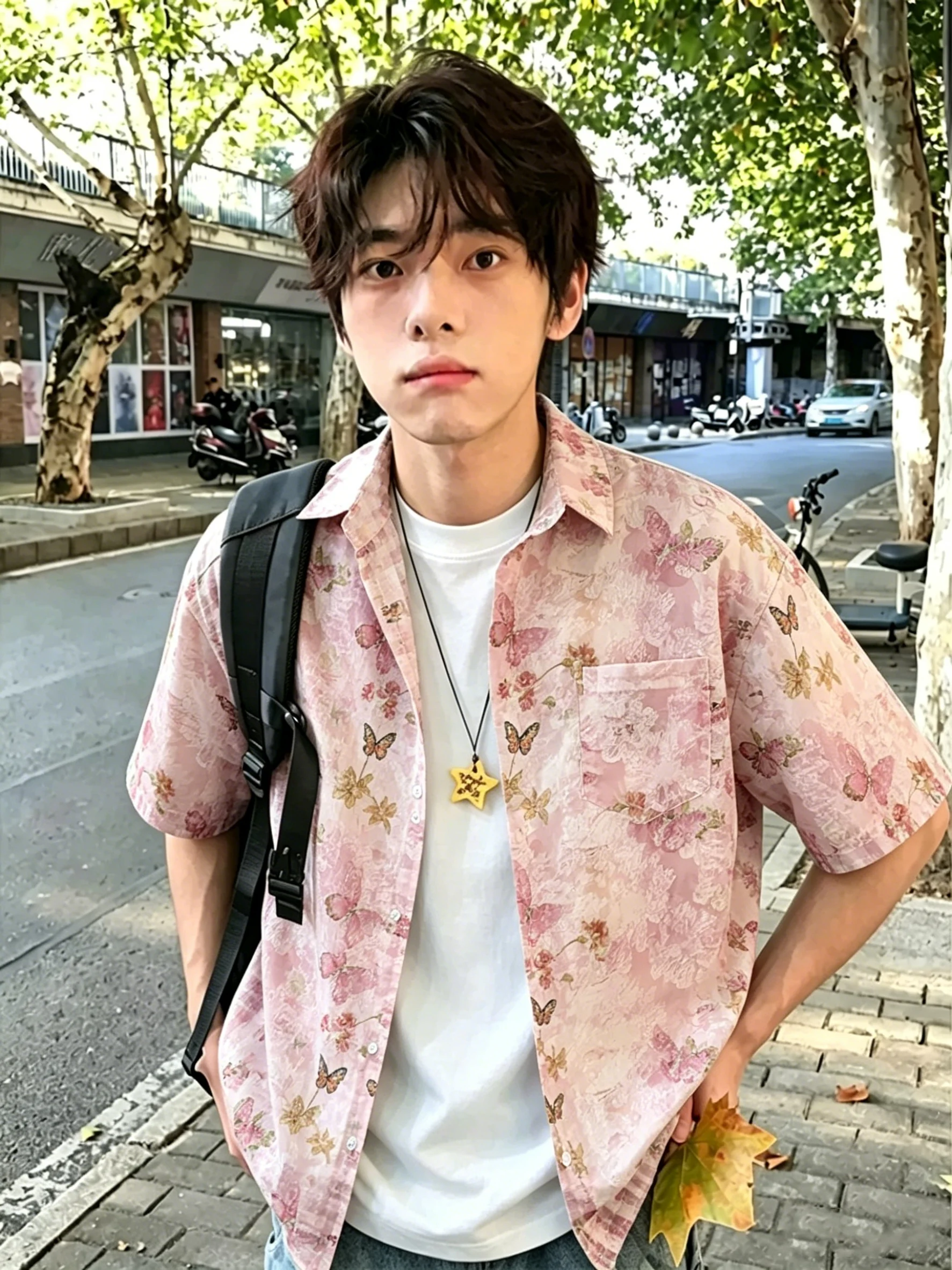 

Pink Tassel Hollow out Embroidery Shirt Short Sleeve Men's Hawaiian Vacation Style Beach Five-Quarter Sleeve Shirt