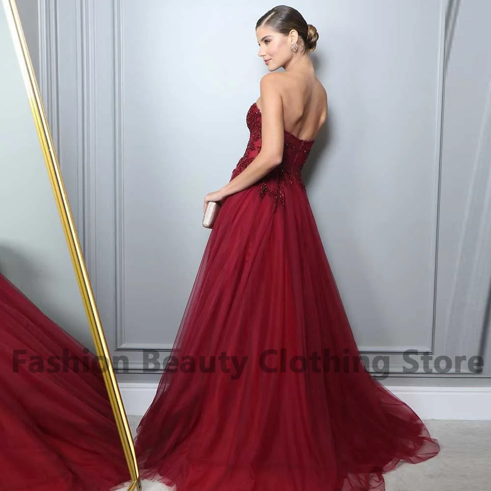 Wine Red Tulle Evening Dress Sweetheart Applique Pleated Prom Festive Backless Zippered Brush Train Women's Wedding Party Gown