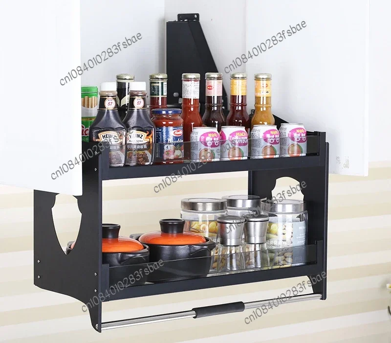 

Aluminum Pull-down Seasoning Basket Kitchen Hanging Cabinet Adjustable Lifting Pull Basket Damping buffer Elevator Storage Racks