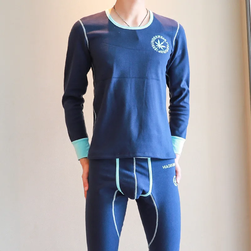 Men's Fashionable Thermal Underwear Youth Cotton Breathable Thick Round Neck Set with Added Fleece Winter Warm Base Set Slim Fit