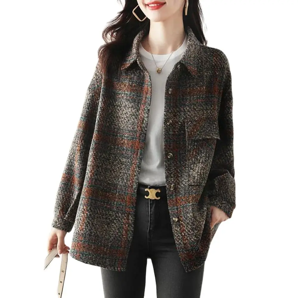 

Export High-end Foreign Trade Fashion Retro Plaid Casual Shirts In Autumn And Winter Lapel Long-sleeved Loose Coat Female Tide