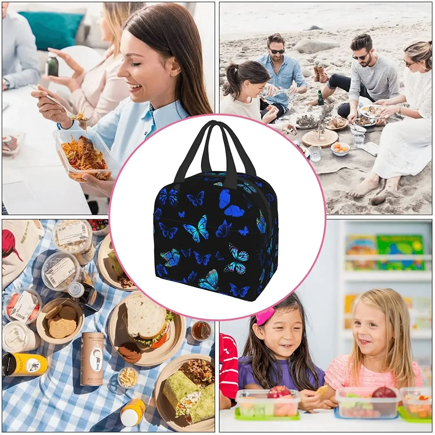 Blue Butterfly Insulated Lunch Bag with Front Pocket Reusable Cooler Tote with Zipper for Men Women Canvas Tote Bag Lunch Box