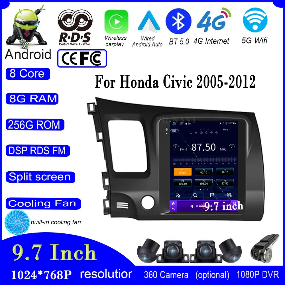 9.7 Inch Android 14 For Honda Civic 2005-2012 IPS DSP Car Video CarPlay Stereo GPS Navigation Auto Radio Multimedia