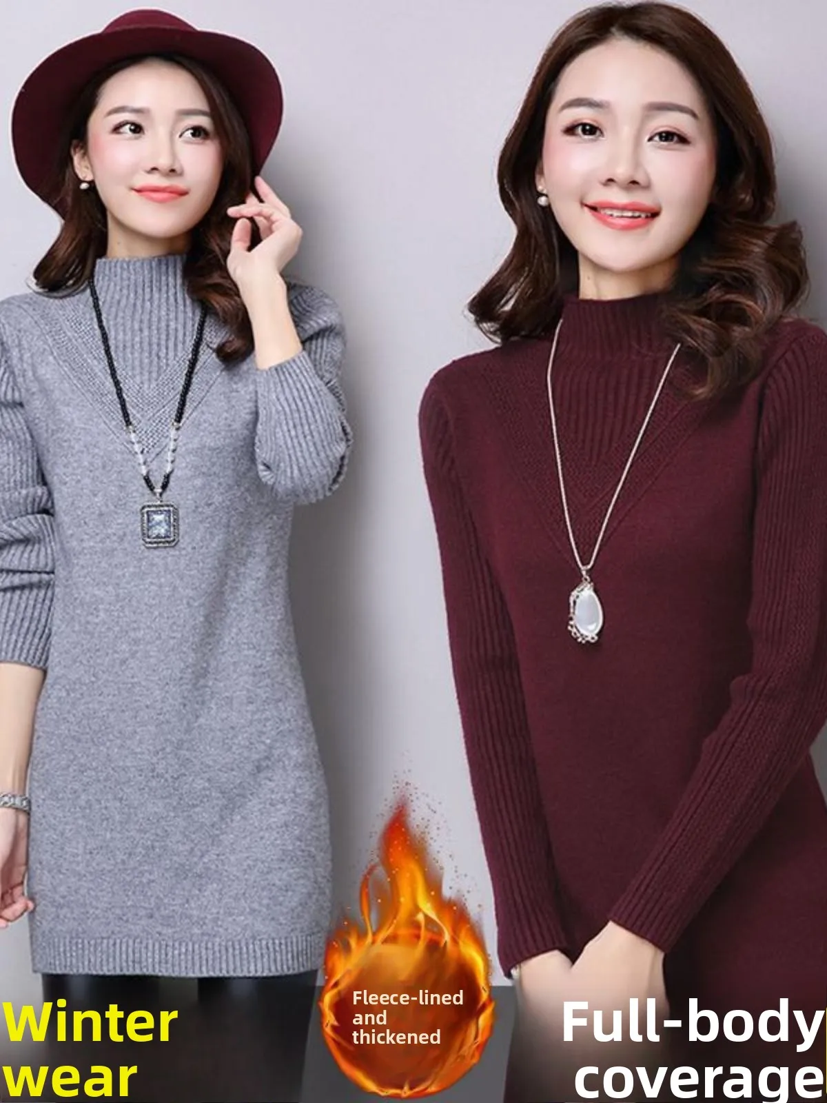 

Корейский свитер оверсайз средней длины с высоким воротником и флисовой подкладкой, базовый слой, женская модная одежда, осенне-зимний свитер