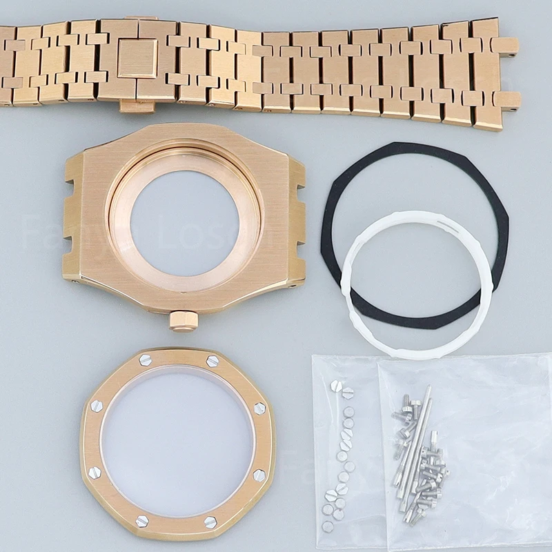 Rose Gold 41mm Luxury Octagonal Watch Cases Bracelets Parts Sapphire Glass For Oak Seiko nh35 nh36 nh34/38 Movement 31.8mm Dial