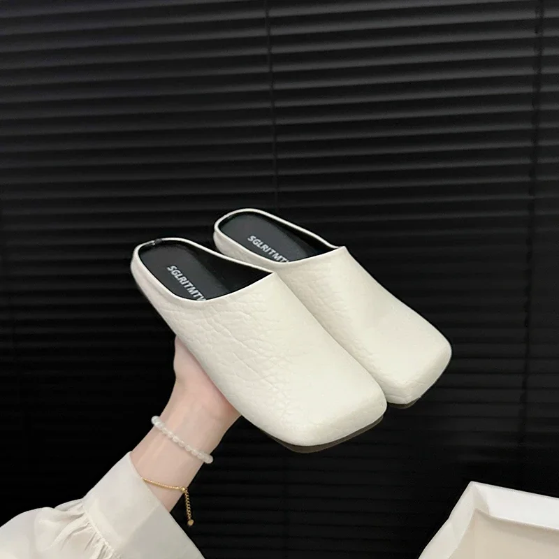 Square Toe Loafers Shoes Woman 2024 Slippers Flat Female Mule Low Pantofle Luxury Slides Cover Mules New Summer Designer Soft Re