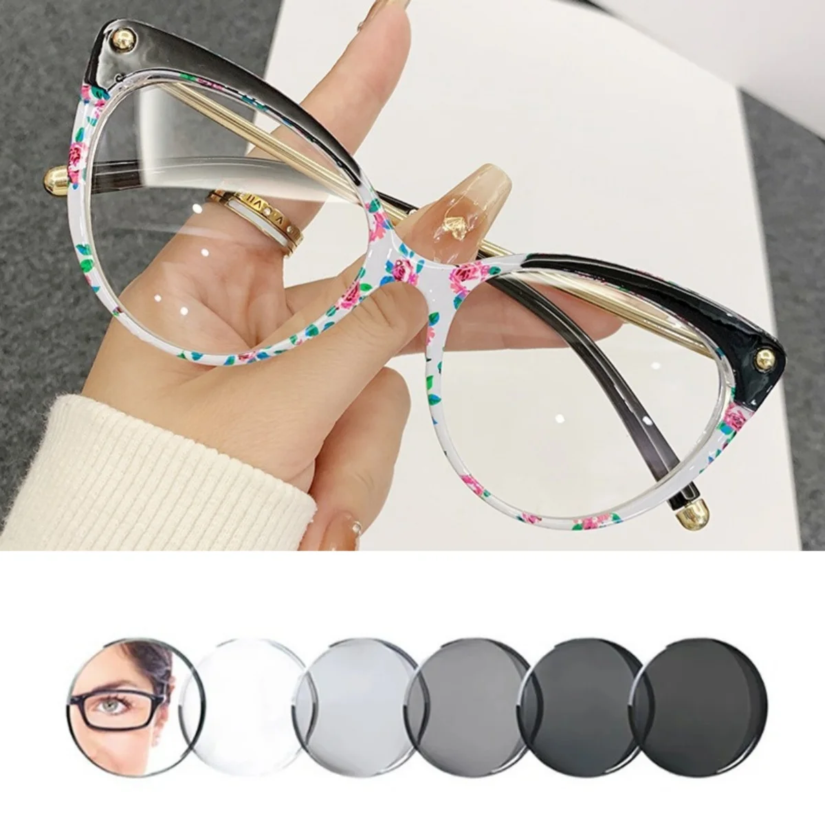 

Women Cat Eye Myopia Photochromic Glasses Fashion Trendy Anti-blue Light Reading Glasses Vintage Lens Minus Eyewear