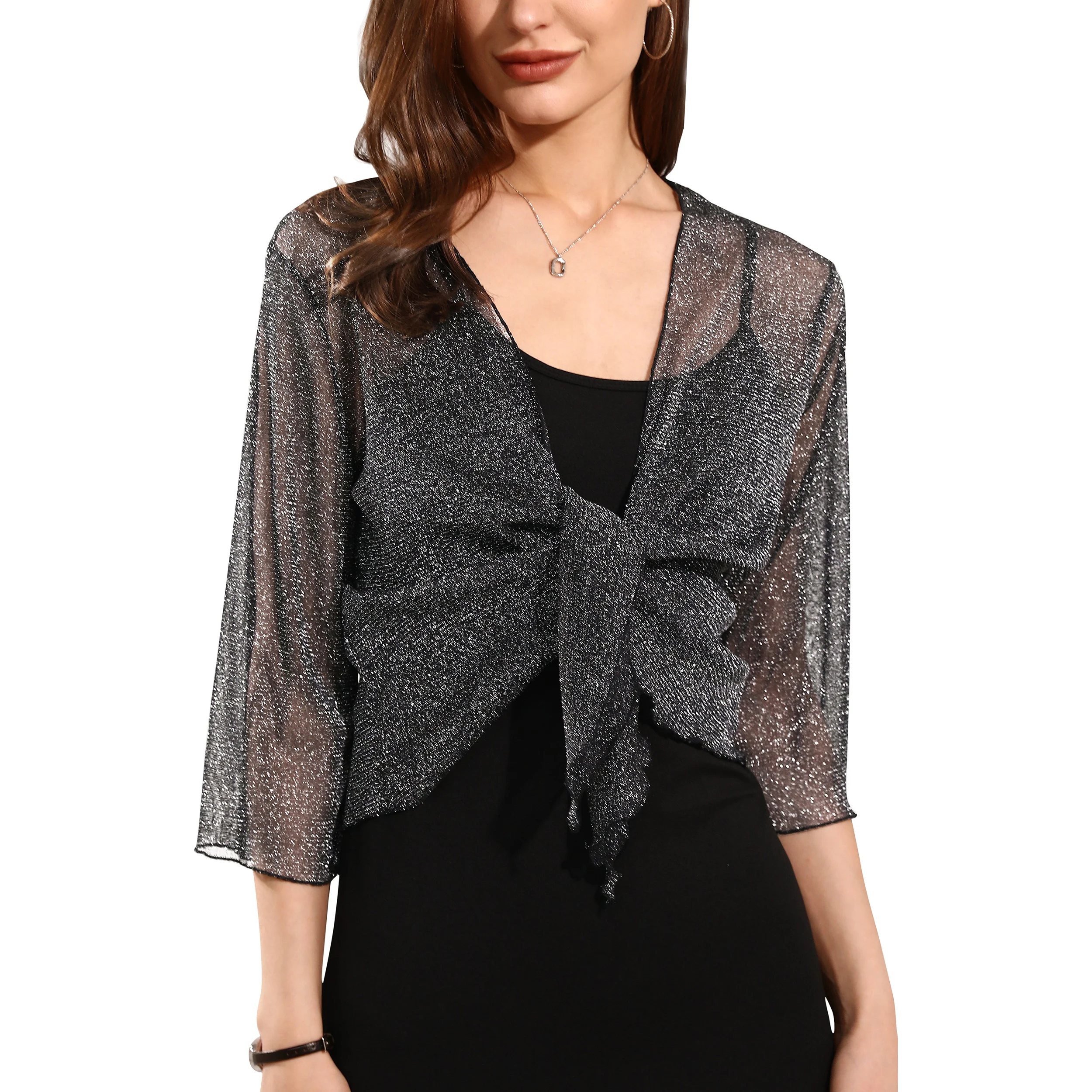 Womens Shiny Sheer Shrug Tie Top Open Front Cardigan Lightweight Knit Top Over Coat