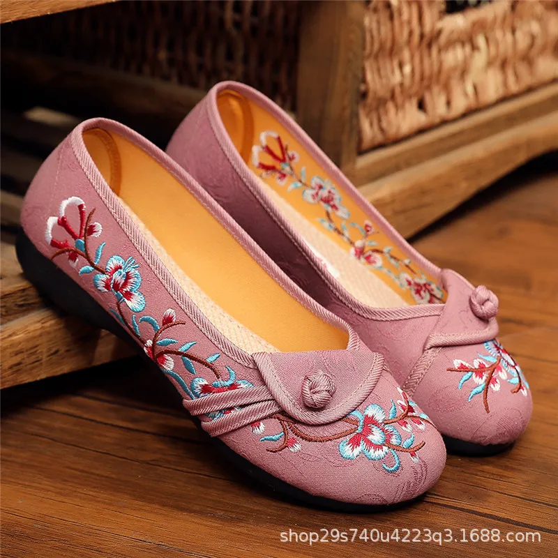 Veowalk Soft Light Comfortable Women Cotton Fabric Ballet Flats Spring Autumn Slip On Chinese Embroidered Walking Working Shoes