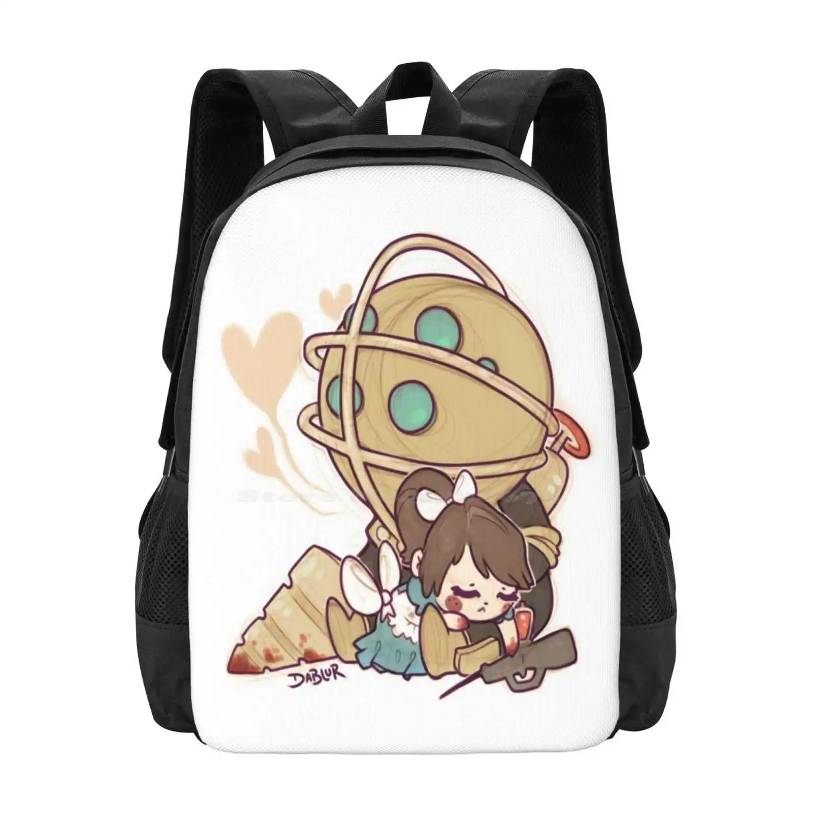 Kleine Schwester Nickerchen Zeit Neuankömmlinge Unisex Taschen Studenten tasche Rucksack Bioshock Big Daddy kleine Schwester süße Umarmungen Videospiele Spaß