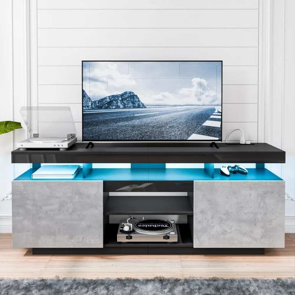 حامل تلفزيون LED لتلفزيون 75 بوصة، مركز ترفيه حديث طويل القامة مع مخرج طاقة، وحدات تحكم تلفزيون الألعاب مع مساحة تخزين #1