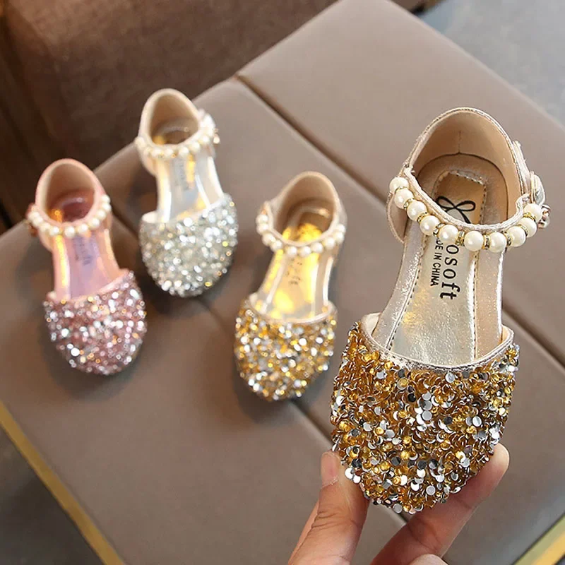 Princess Girls Party Dance Shoes Student Flats Children Pearl Sequin Sandals Kids Performance Grand Event