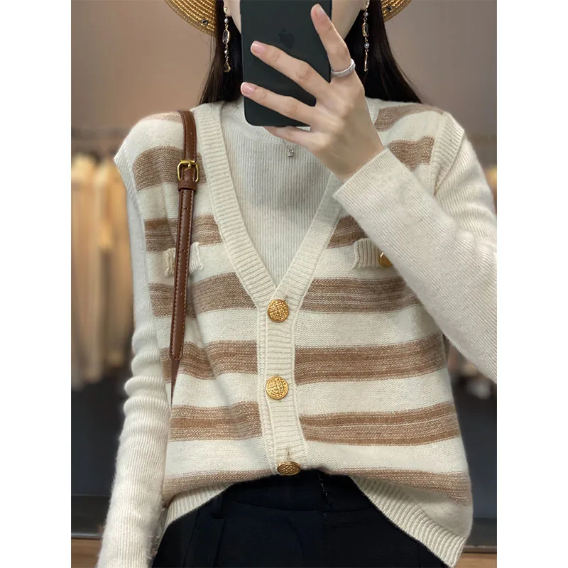 2023 Spring And Autumn New Pure Wool Vest Cardigan Women's V Neck Sleeveless Stripe Loose Small Fragrance Knitted Vest Cardigan