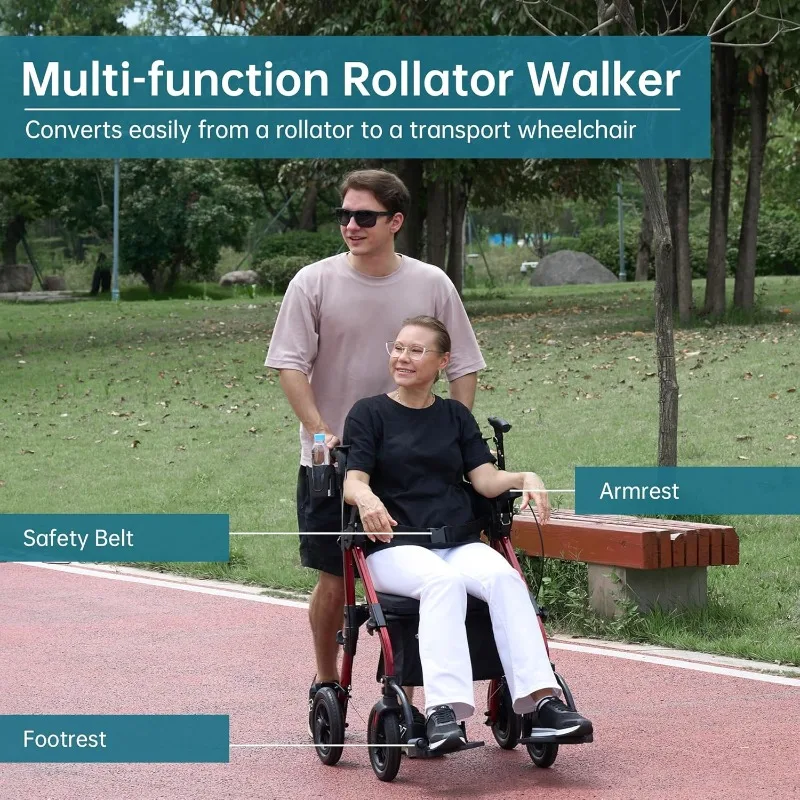 home.Rollator Walker Transport Wheelchair Combo, 2 in 1 Rolling Walker with Padded Seat and Wide Backrest, Red