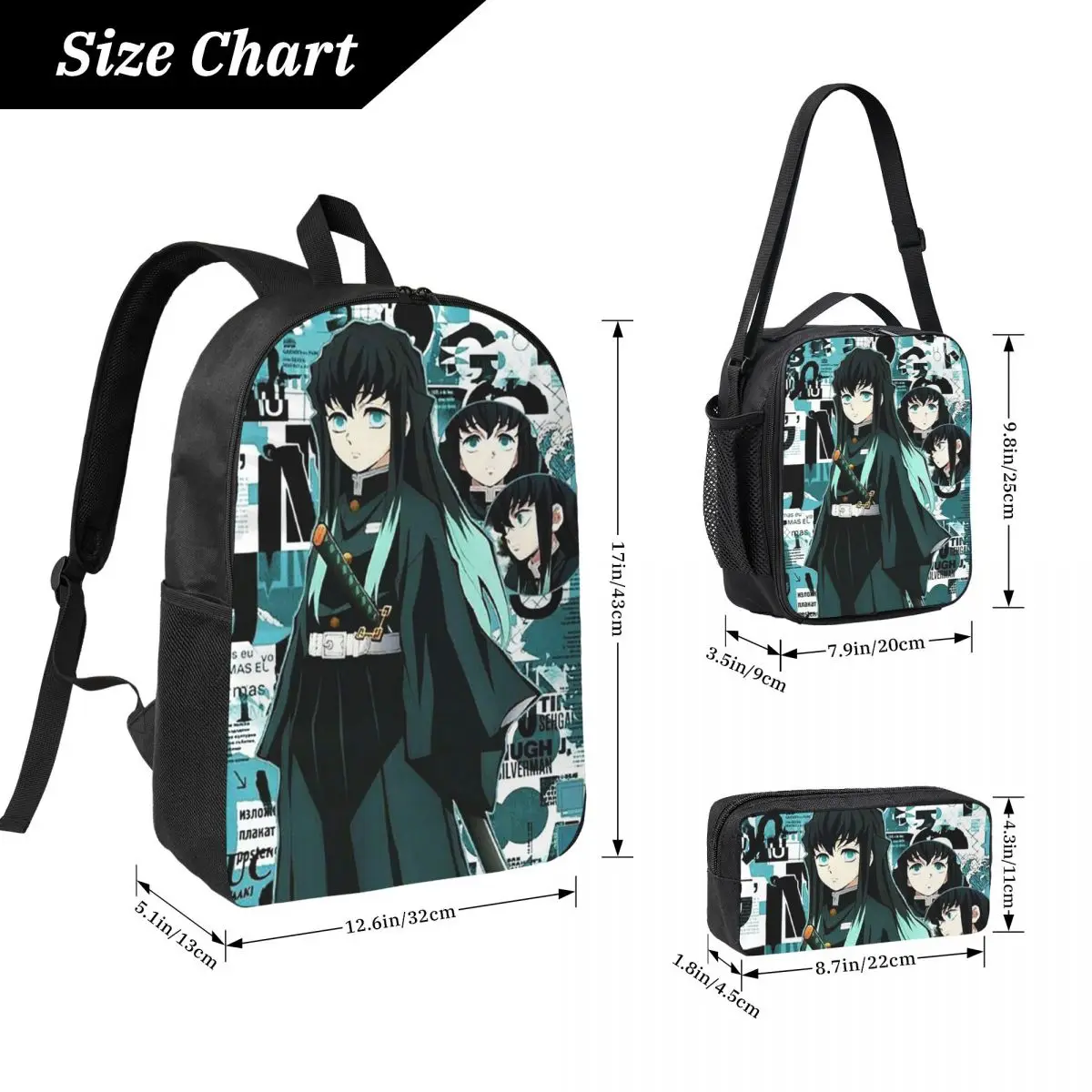 Demon Slayer Muichiro Tokitou Backpack Student Boys Girls BookBag School Bag Shoulder Bags 3ps Insulated Lunch Bag Pencil Case