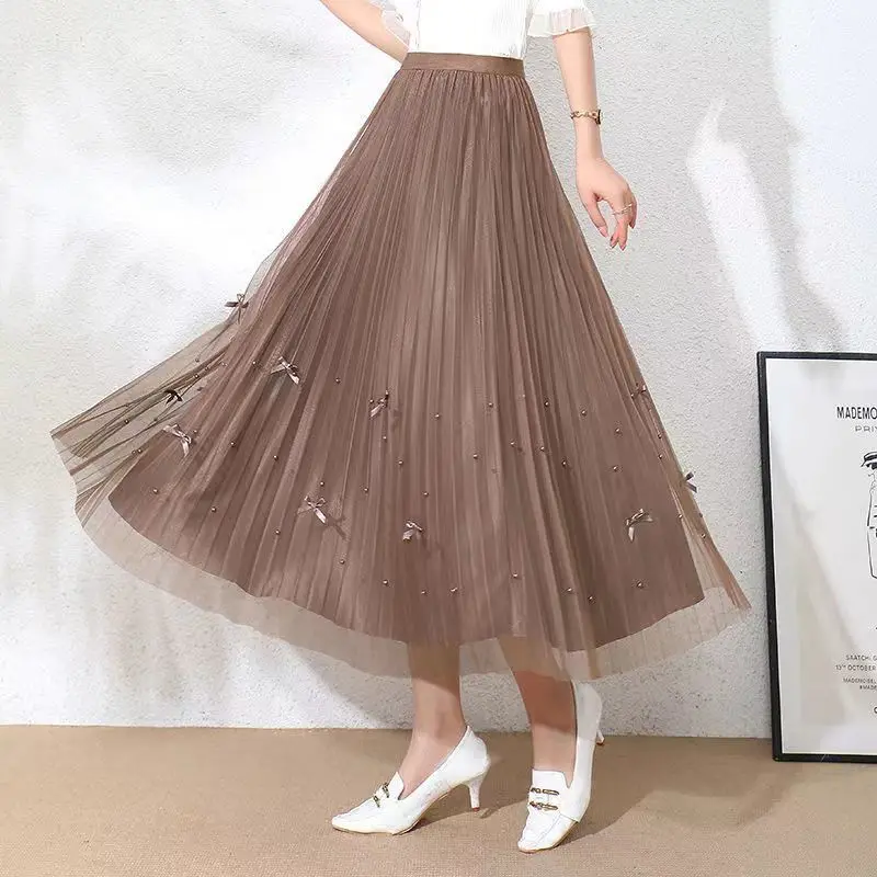 

Women Skirt Korean Style Fashion Mesh A Line Ladies Pleated Skirt High Waisted Long A-line Tulle Pearl Loose Extended Clothes