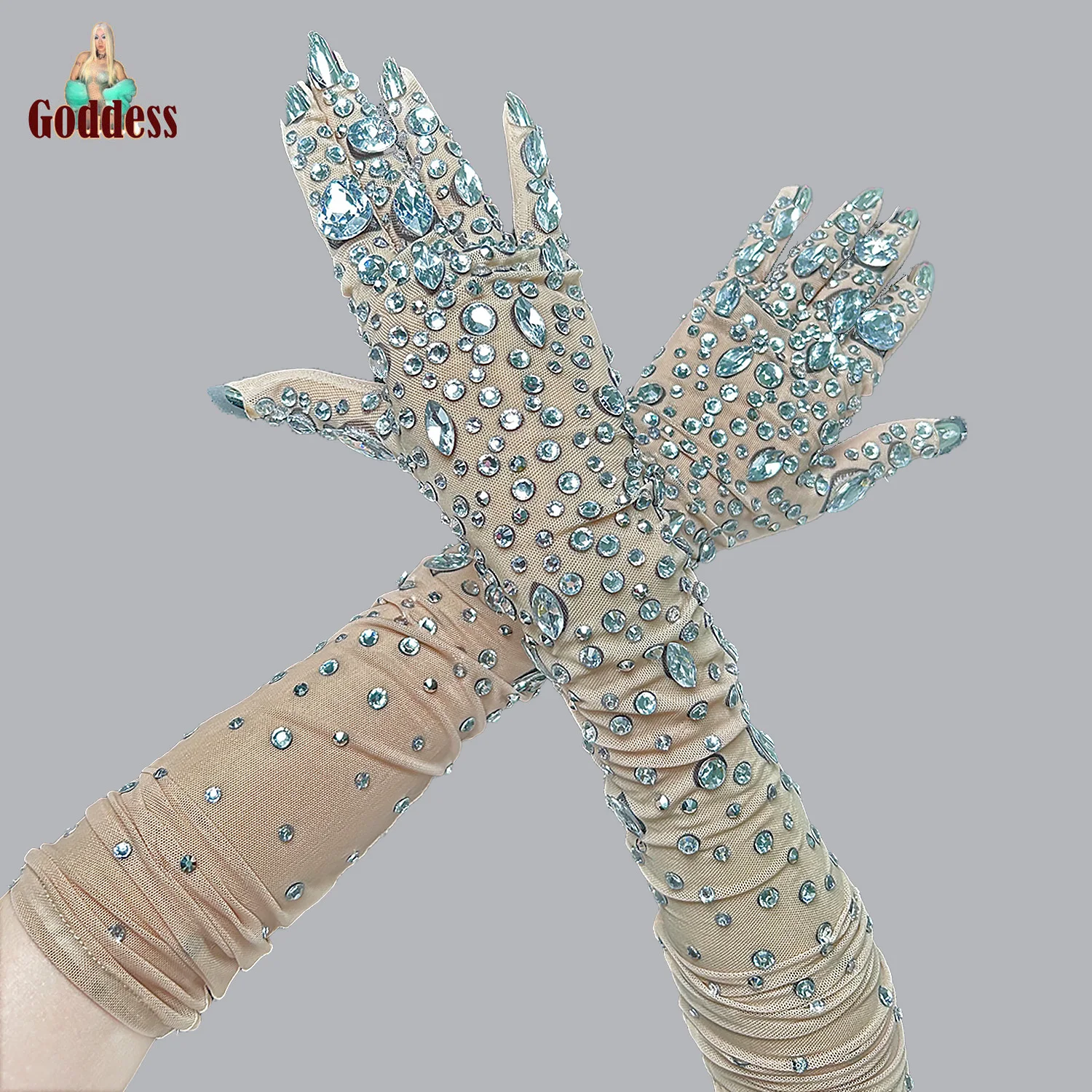 

Sparkling Wedding Party Rhinestone Long Gloves Prom Crystal Mesh Perspective Sexy Dance Club Singer Dancer Stage Accessories