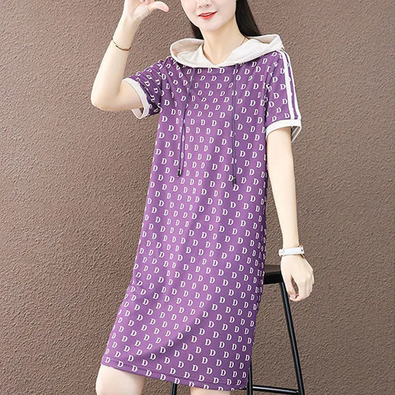 스포츠 후드 스트레이트 드레스, 여성 의류, 루즈 스타일리시 드로스트링, 반팔 캐주얼 레터 프린트, 미디 원피스, 여름 신상