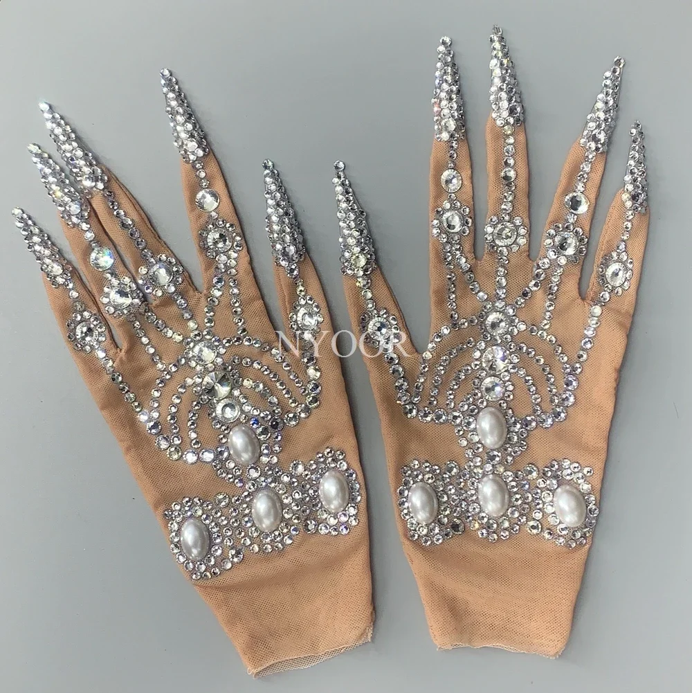 Lujosos guantes de perlas y cristales para mujer, guantes cortos de cristal brillantes, bailarina, cantante, club nocturno, accesorios de espectáculo de escenario