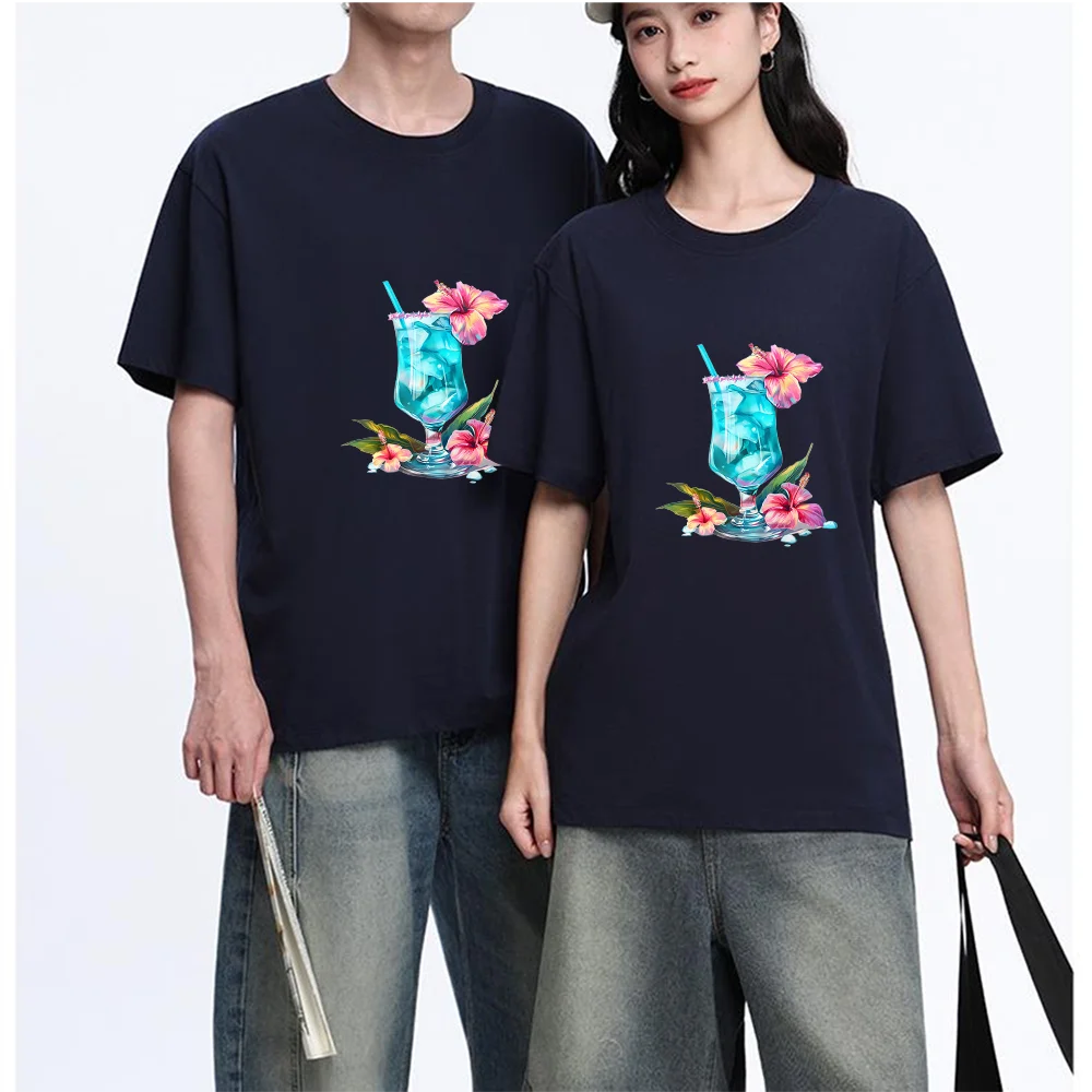 Blue Cocktail Hibiscus Flower Printed T Shirt Breathable Fabric S-XXL Personalized Custom Casual Short Sleeve Tee Aesthetic Grap