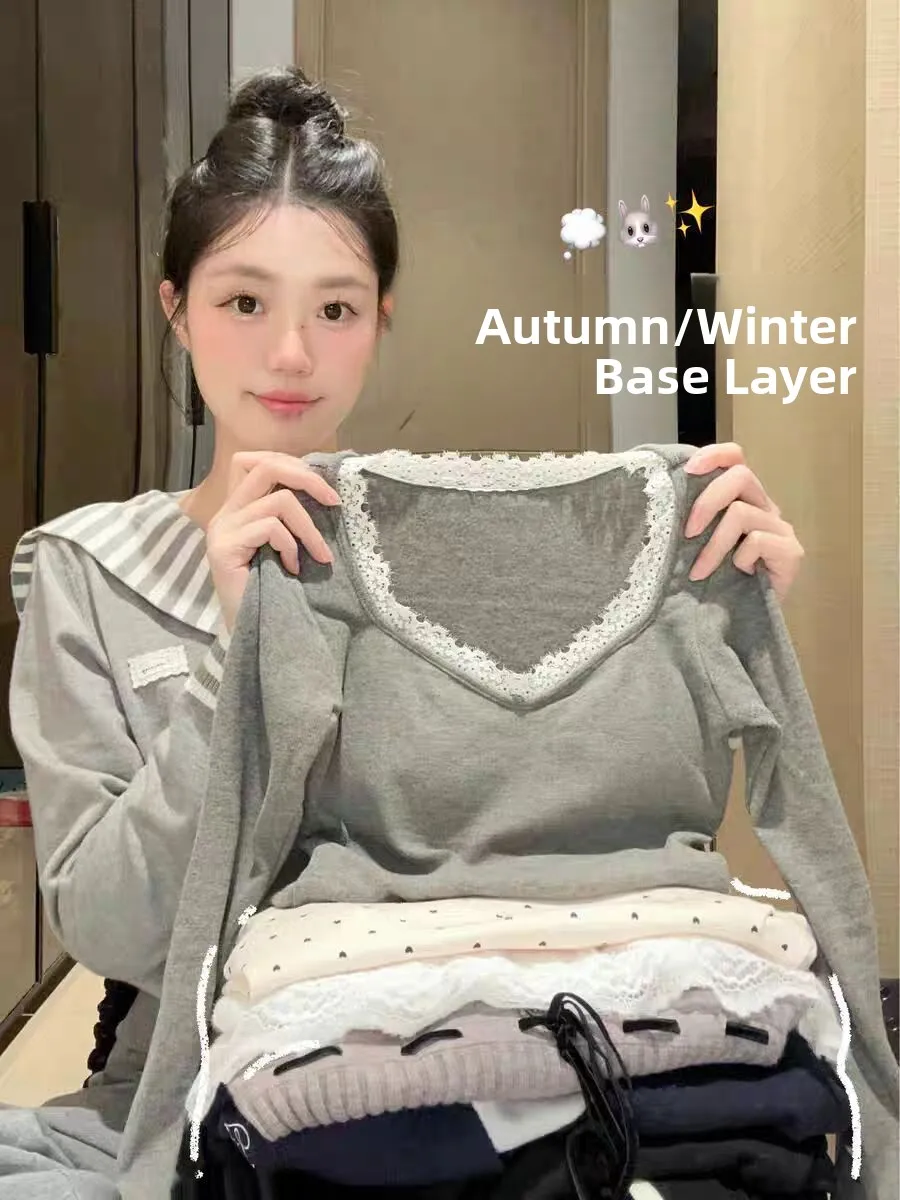 

Gentle Wind Long Sve Lace V-ne Women's Slim Fit Base irt Autumn Winter Slimming Inner Wear Anti-aging Top