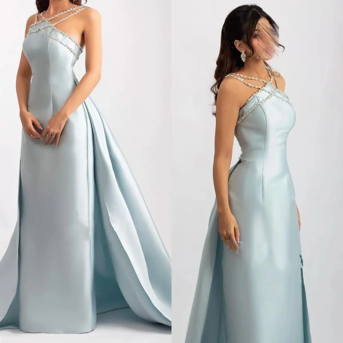 Tailing-Robe de Soirée Élégante en Satin Gris et Bleu pour Femme, Tenue Personnalisée avec Perles, pour Gala, Bal, Mariage, Remise de Diplôme,