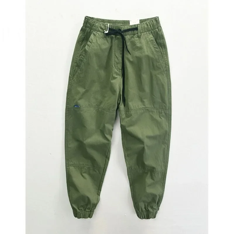 Spring and Autumn Men\'s Loose Solid Color Versatile Pocket Tie Feet ShirringBandage Casual Fashion Elegant Commuter Work Pants
