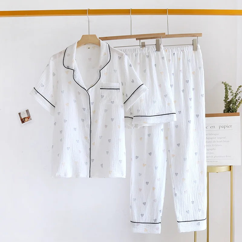 

2024 Spring/Summer New Women's Pajamas Three Piece Cotton Crepe Short Sleeves+Shorts+Pants Set Ladies Casual Thin Homewear