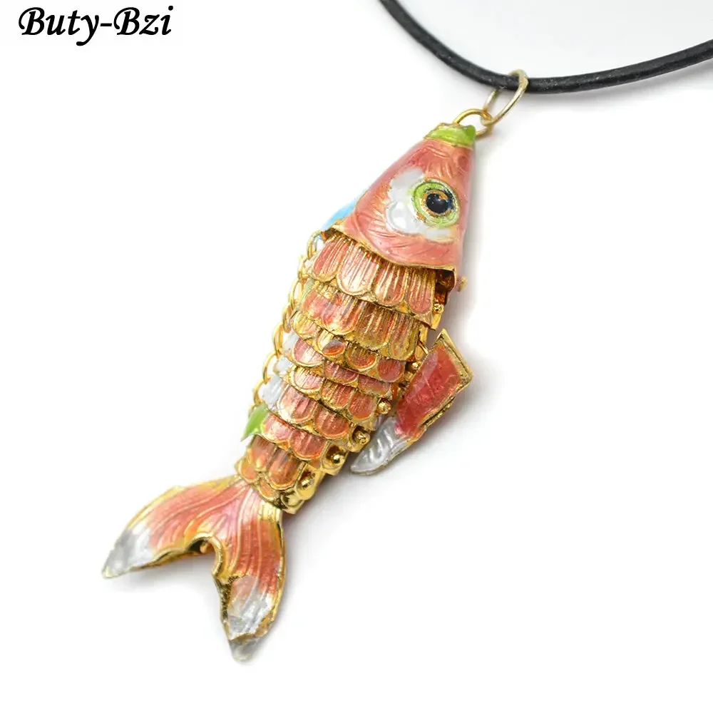 60~65mm Various Color Cute Cloisonne Carp Fish Pendant With Black Leather Chains Fashion Party Jewelry