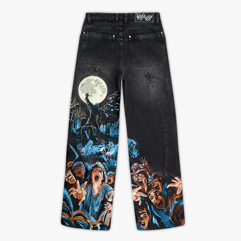 

Thriller Graveyard Theme Pattern Printing Fashion Vintage Jeans Y2K Gothic Hip Hop Men Women Punk High Wisted Loose Streetwear
