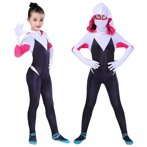 Kids Spiderman Cosplay Costume Girls Gwen Ghost Spider Costume Bodysuit Superhero Spider-Man Halloween Cosplay Dress Up Jumpsuit