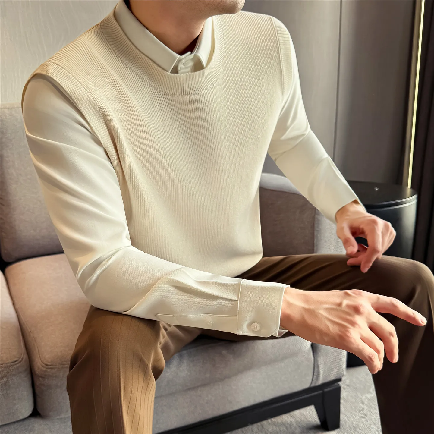 

Поддельные 2 шт., мужские свитера, корейская элегантная рубашка, мужские повседневные свитера с длинными рукавами, облегающие толстые теплые пуловые Homme 4XL