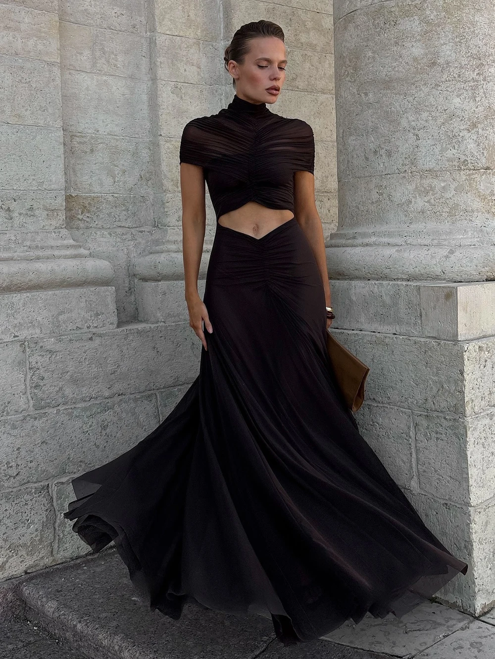 Nowa seksowna sukienka maxi damska z odkrytymi ramionami, bufiastą spódnicą i materiałem z siateczki, długa suknia wieczorowa.