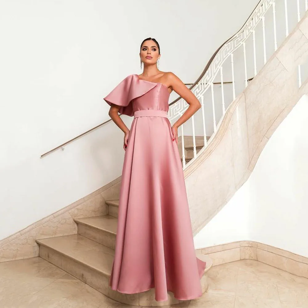 

Galarity One Shoulder Satin Prom Dress Customized Elegant Pink Evening Dress A Line Floor Length Bridesmaid Dress Party Gown
