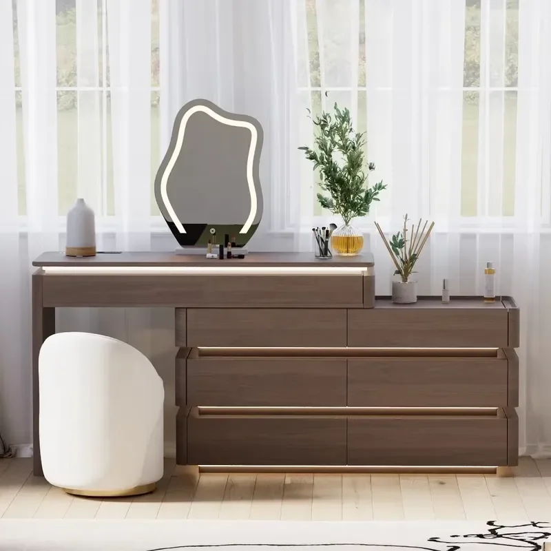 Modern Solid Wood Eco-Friendly Lighted Extendable Bedroom Vanity Makeup Dresser LED Mirror Custom Dressing Table Touch Switch