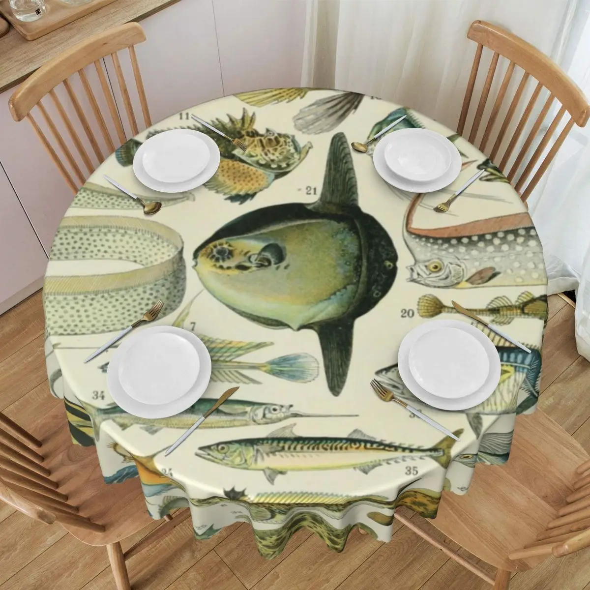 Custom Adolphe Millot Poissons Tablecloth Waterproof Book Encyclopedia French Painter Table Cloth Cover for Kitchen 60 inches