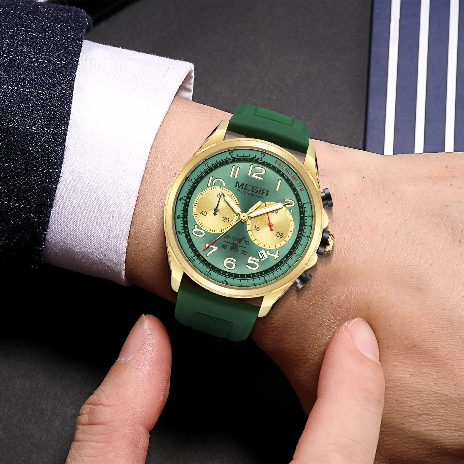 MEGIR كرونوغراف مع تاريخ تلقائي 24 ساعة مقاوم للماء ساعة يد رياضية عادية سيليكون حزام الرجال ساعة كوارتز Reloj هدية للرجل #2