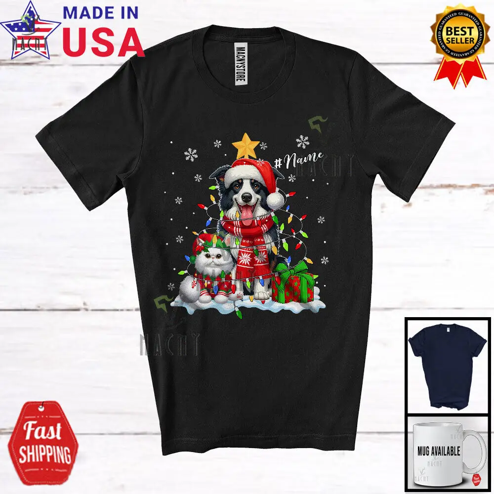 

Custom Name Border Collie In Christmas Lights; Lovely X-mas Elf Cat Owner Shirt