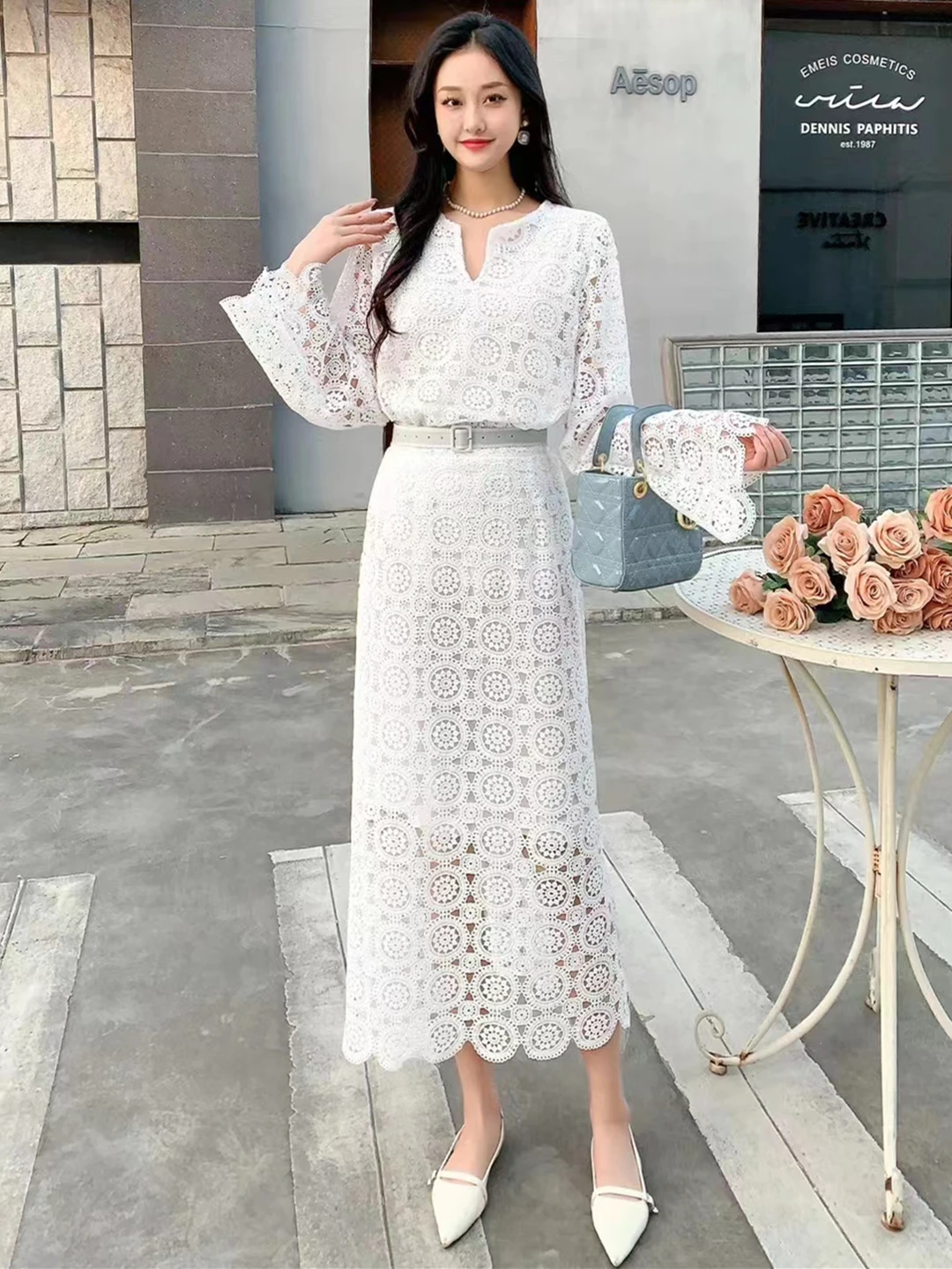 2024 New Spring Autumn Women Vintage Hook flower hollow Lace Skirt Suits Elegant Long Sleeve Top And Long Skirt Two Piece Set